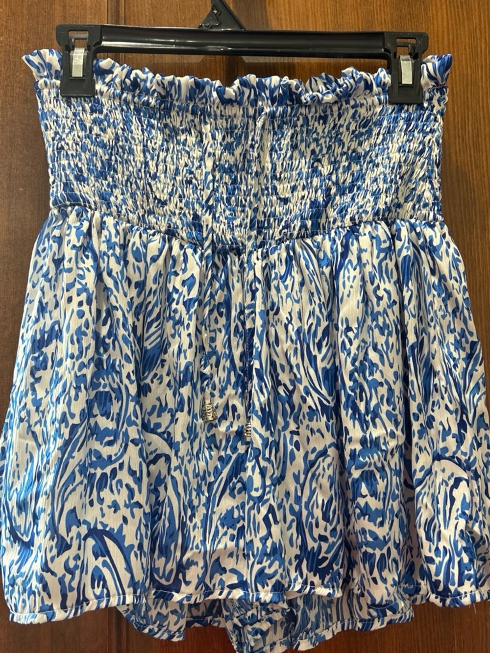 Blue and White Smocked Waist Skater Shorts